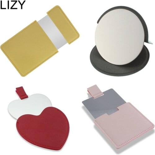 LIZY Portable Women Stainless Steel Makeup Mirror Hand Pocket Cosmetic Make Up Mirror PU Leather Small Various Shapes Gift