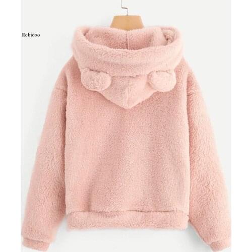Fluffy hoodies Women kawaii Sweatshirt cute bear ear cap Autumn Winter Warm pullover Long Sleeve outwear Fleece coat moletom new