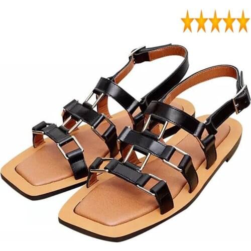 Metal Women New Belt Fashion Buckle Gladiator Beach Leather Flats Shoes Casual Open Toe Hollow Out Streetwear Sandals