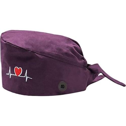 Unisex Heart Embroidery Scrub Cap with Button Mask Holder Sweatband Doctor Nurse Working Tie Back Bouffant Hat
