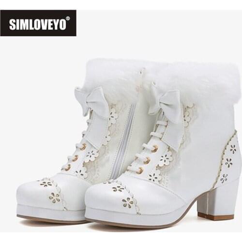SIMLOVEYO Autumn Winter Mid-Calf boots Round toe Chunky heels PU Zip Flower Lolita Ladylike Big size 33-46 Pink Party Show A3151