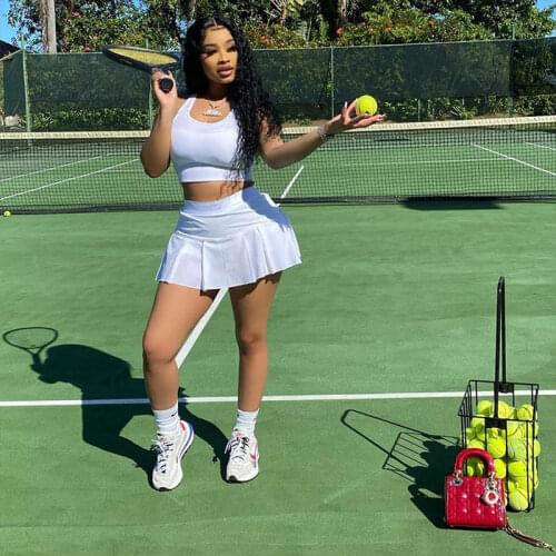 Two Piece Sports Set For Women Tennis Skirt Sleeveless Crop Top Female Fitness Gym Clothes Badminton Running Skirts Golf Suit