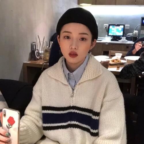 Striped Knitted Sweater Cardigans Women Zipper Korean Vintage Knitwear Thick Turn Down Collar Jumpers Pockets Long Sleeve Z863