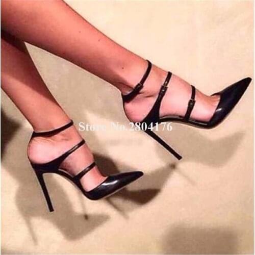 Women Elegant Pointed Toe Black Leather Stiletto Heel Pumps Cut-out Thin Straps High Heels Club Dress Shoes Big Size Heels