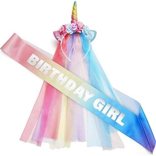 Girls Unicorn Birthday Decorations Unicorn Headdress Gradient Colored Shoulder Strap Birthday Party Belt And Unicorn Hat