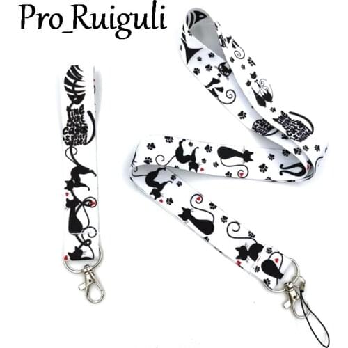 30pcs Black cat hand Wristlet Neck Strap Lanyards ID badge card holder keychain Mobile Phone Strap Gift Ribbon webbing necklace