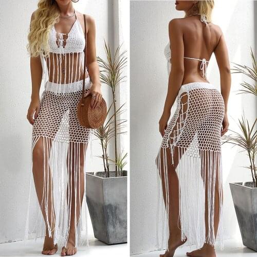 Women Sexy Handmade Crochet Bikini Set Knitted Handmade Beach Swimwear Halter Long Tassel Swimsuit Female Hot Boho