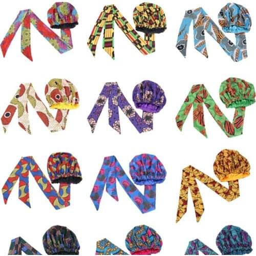Womens Turban Hat African Ankara Satin Linned Bonnet Women Long Ribbon Headwrap Double Layer Headscarf Hair Cover Wrap Hats
