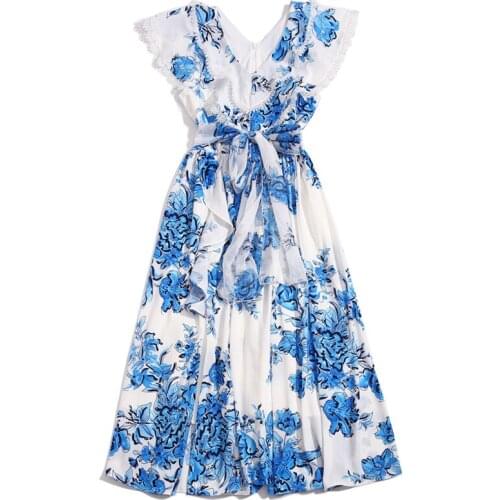 Spring and summer 2021 new womens rayon red blue camellia print stitching lace mid-length dress