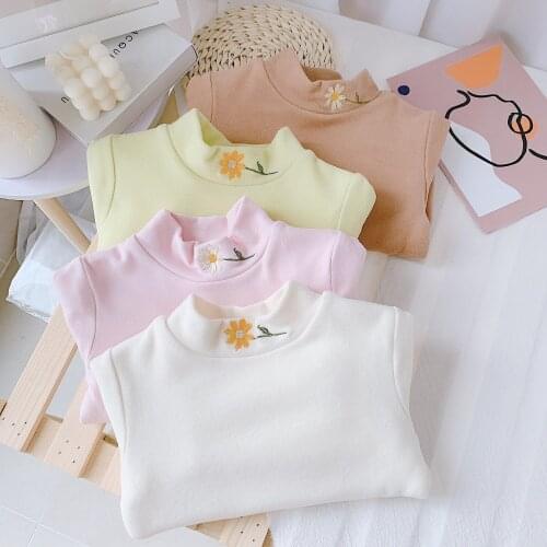 Winter New Childrens Tshirt 2020 Flower Half High Collar Solid Cotton Thick Tshirt For Toddler Girl Kids Plus Velvet Warm Shirt