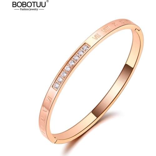 BOBOTUU Brand Trendy Roman Numerals Find Bangles For Women Stainless Steel Mosaic CZ Crystal Bracelet For Birthday Gifts BB20022