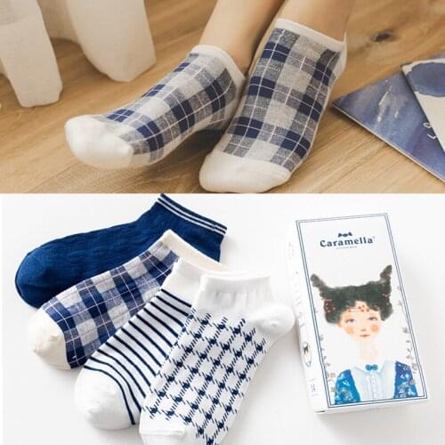 Caramella 4Pairs/Lot High Quality Summer Casual Women Socks New Ankle Socks Fashion Design Plaid Navy Blue Grid Cotton Socks