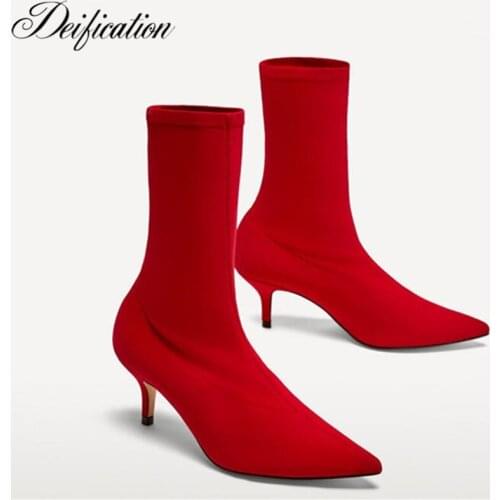 Deification Botines Mujer 2018 Pointed Toe Elastic High Heel Boots Stretch Fabric Ankle Boots Solid Party Wedding Designer Shoes