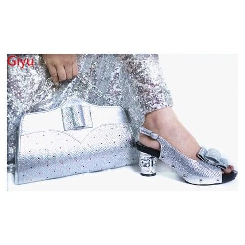 Doershow silver Shoes and Bag Set for Women High Quality Italian Shoes with Matching Bag Set Decorated with Rhinestone ! SLP1-6
