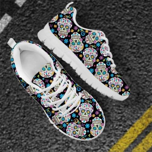 ELVISWORDS Sugar Skull Pattern Stylish Ladies Flats Shoes Breathable Lace Up Air Mesh Sneakers Woman Lightweight Walking Shoes