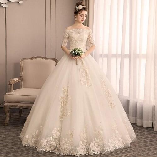 Boat Neck Wedding Dresses New Embroidery Applique Lace Half Sleeves Ball Gown Wedding Dress Customers sizes Vestido De Noiva