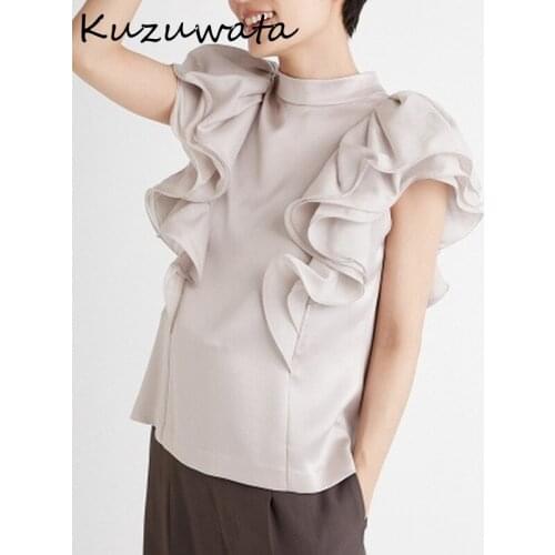 Kuzuwata Autumn New Blusas Half High Collar Ruffled Sleeveless Solid Texture Gloss Women Blouses Temperament Office Lady Shirts