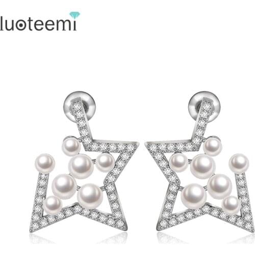 LUOTEEMI 1 Pair Fashion Lady Cheap Cubic Zirconia White Imitation Pearl Star Pierced Ear Stud Earrings For Women Wedding Bridal