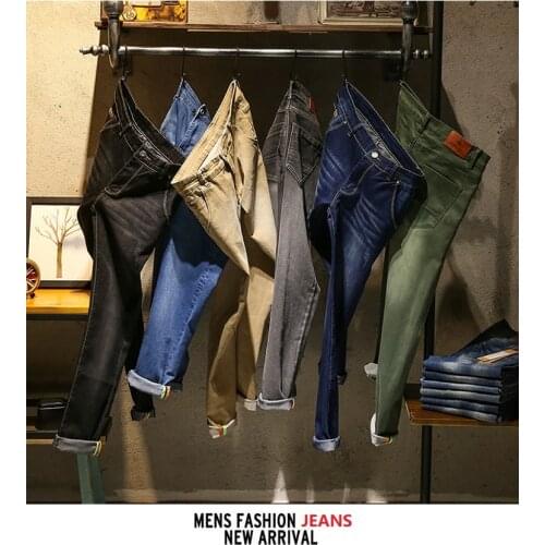 2021 Men’s Classic Straight Slim-fit Business Jeans,Pure Color Washed&Scratched Denim Casual Pants;Office Clerk&Students Must