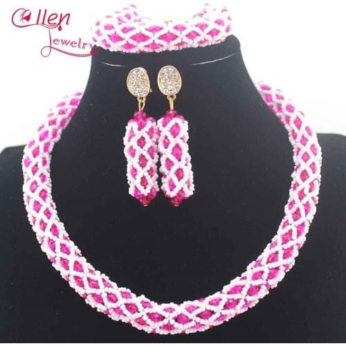 Nigerian Amazing Pink and White wedding beads African beaded necklace jewelry sets india dubai bridal jewelry sets N0105
