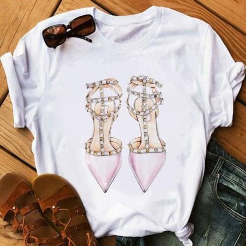 New Womens T-shirt Pink High Heel Top Female T Shirts Lady Luxury Make Up Paris Style Shirt Harajuku Summer Tops Short Clothes