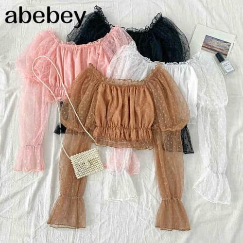 2021 New Spring Summer Sweet All-match Polka Dot Blouse Gauze Edible Tree Fungus puff sleeve slim Shirt Top