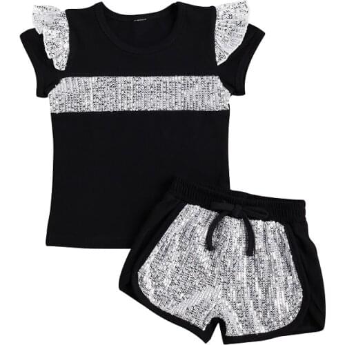 2-7Y Toddler Kids Baby Girl Clothes Sets Sequins Patchwork Flying Sleeve T-shirt Tops Shorts Pant Bottom 2PCS Children Set