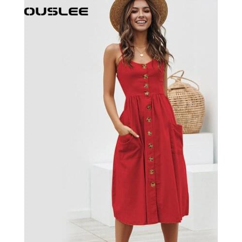 OUSLEE Solid Colors Women Dress Casual Striped Long Dresses Female Sexy V-Neck Sleeveless Button Boho Beach Midi Dress Plus Size