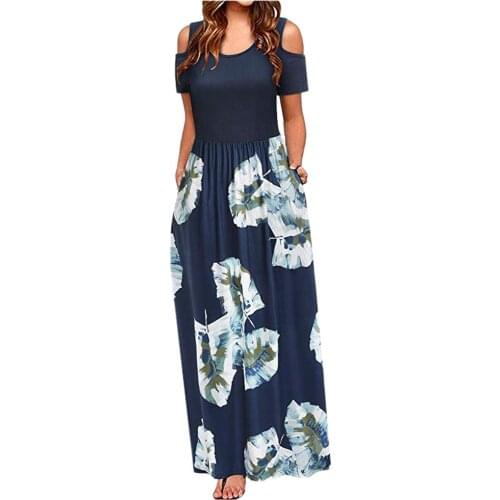 Bohemian Women Dresses Summer Cold Shoulder Floral Print Elegant Maxi Long Dress Pocket Dress off Shoulder Office Ladies robe