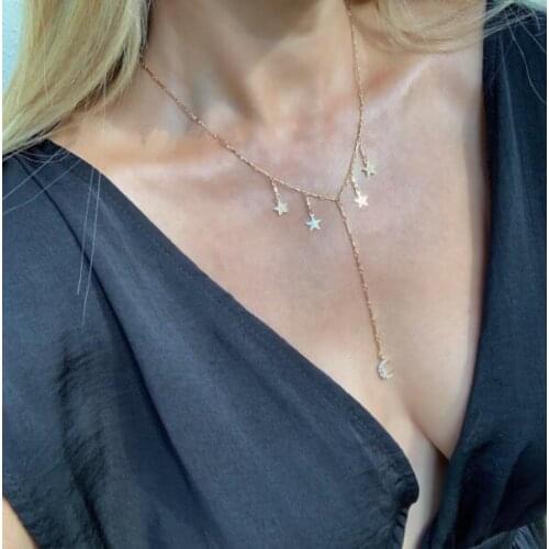 Docona Simple Crystal Crescent Tassel Necklace for Women Fashion Gold Star Moon Alloy Necklaces Ladies Wedding Jewelry 8878