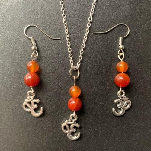 Carnelian Stone Agate Beads Natural Healing Stones Earrings Necklace Tibetan Silver Aum Om Symbol Pendant Necklace