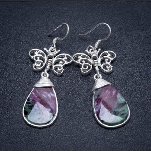 Natural Ruby Zoisite Butterfly Handmade Vintage 925 Sterling Silver Earrings 2 1/4" S1815