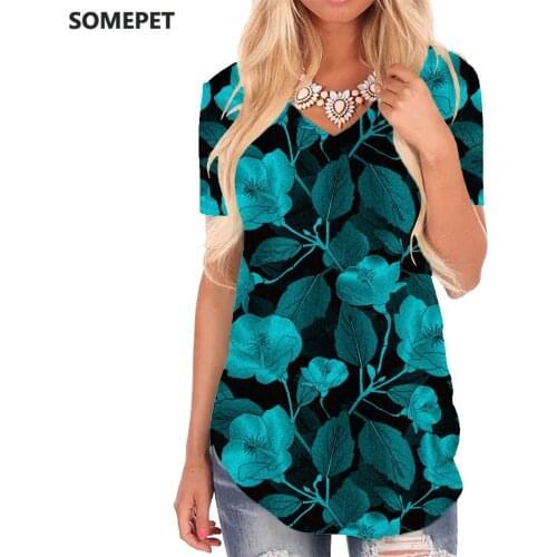 SOMEPET Flowers T Shirt Women Green V-neck Tshirt Leaf Tshirts Printed Art Funny T shirts Womens Clothing Fashion Loose New