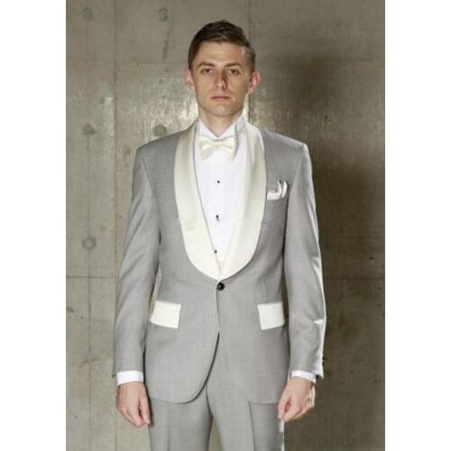 Light Grey Men Wedding Suits Ivory Shawl Lapel Slim Fit Tuxedo Groom Groomsman Best Man Terno Masculino Mens Suits With Pants