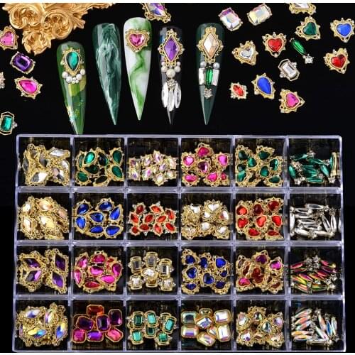 240pcs/Box Mix-Shaped Nail Art Decoration 24 Grid Flower/Crown/Bowknot/Butterfly Metal Manicure Rhinestone Accessories New RG#87