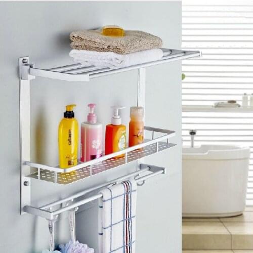 Bathroom Shelves Two Layer Bathroom Rack Space Aluminum Towel Washing Shower Basket Bar White Modern Cosmetic Storage Shelf 7842