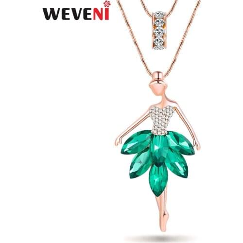 WEVENI Statement Ballet Dancer Girl Fairy Angel Necklace Pendant Long Chain Collar Fashion Accessories Jewelry Gift For Women