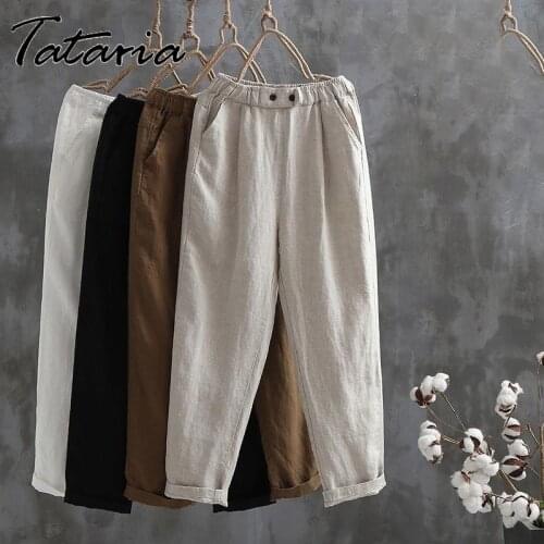 Plus Size Cotton Linen Pants for Women Autumn Casual Vintage Pocket Breeches Girls Soft Calf Length Trousers Pencil Pants 3XL