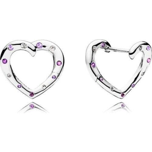 925 Sterling Silver Pan Earring Bright Heart With Purple Crystal Stud Earring For Women Wedding Gift Fashion Jewelry