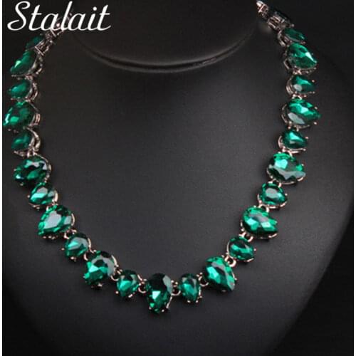 New Arrival Women Wedding Party Water Drop Green Crystal Choker Necklace Simple Silver Color Spring Chain Bridal Jewelry