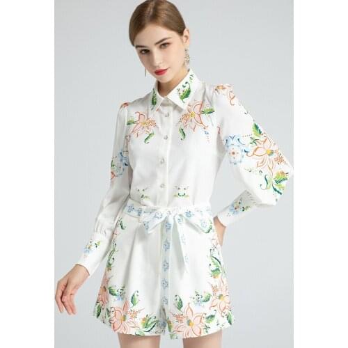 Womens Summer Shorts and Tops Set Long Sleeve Lapel Beaded Shirt Floral Print White Short Skirt Womens Clothing 2021