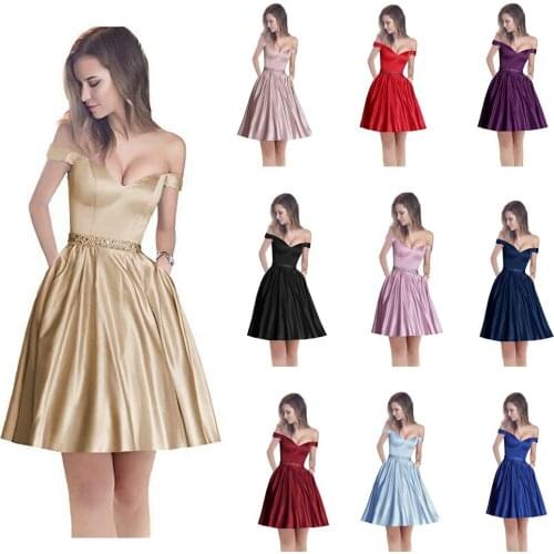 Off the Shoulder Champagne Short Homecoming Dresses Beaded Waist Evening Gowns Satin Robe De Soiree