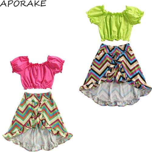 2021 1-6Y Boho Baby Girl Clothes Set Solid Color Short Puff Short Sleeve Cropped Tops Blouse+Striped Printed Irregular Hem Skirt