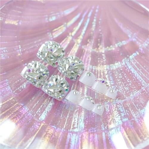 24pcs Silver Full Diamond Natural Color Nail Art Wide Full Covered French Toe Nail Tips Artificial Women New False Foot Nails