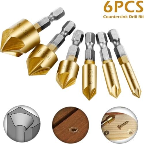 6Pc Hexagonal Shank Titanium Coated 5 Flutes HSS Countersink Chamfer Drill Bit 1/4" Coated Woodworking Core Dril Bit Power Tool