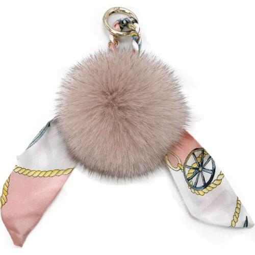 9cm Big Natural Fox Fur Pom poms Key chain Keychains For Women Scarf Print Silk Bowknot Ribbon Metal Bag Charm Key Holder f274