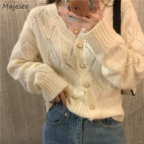 Cardigans Sweaters Women Hollow Out Knitted V-neck Elegant Gentle Loose Button Soft Office Lady All-match Outwear Ulzzang Femme