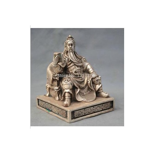 6'' China Silver Bronze sit Guan Gong Lost Bladesman soldier Bronze Statue Decoration Tibetan Silver bronze factory outlets