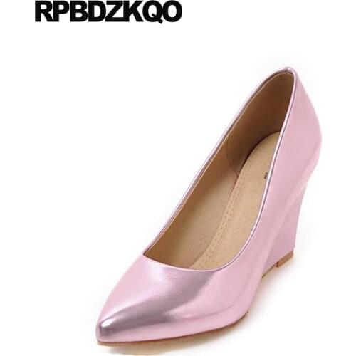 Patent Leather 10 42 Wedge Cheap Pointed Toe 2021 European Metallic Office Shoes Ladies 3 Inch Women High Heels Size 4 34 Big 11