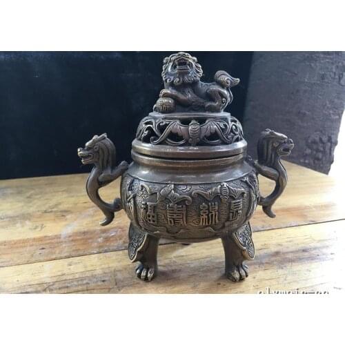 9''copper sculpture carved three lucky man figure lion foo fu dog incense burner